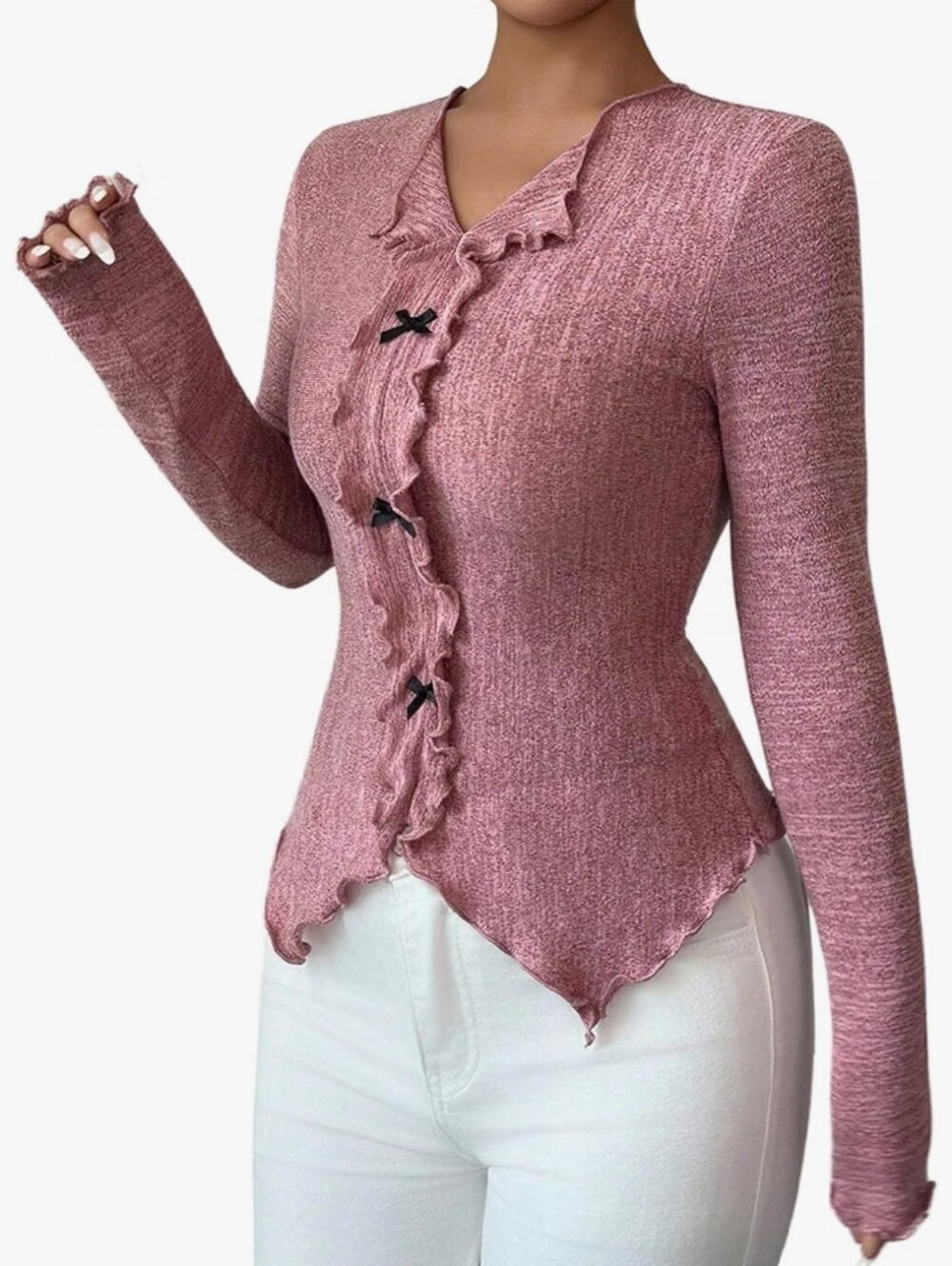 Bowknot Long Sleeve T Shirts V Neck